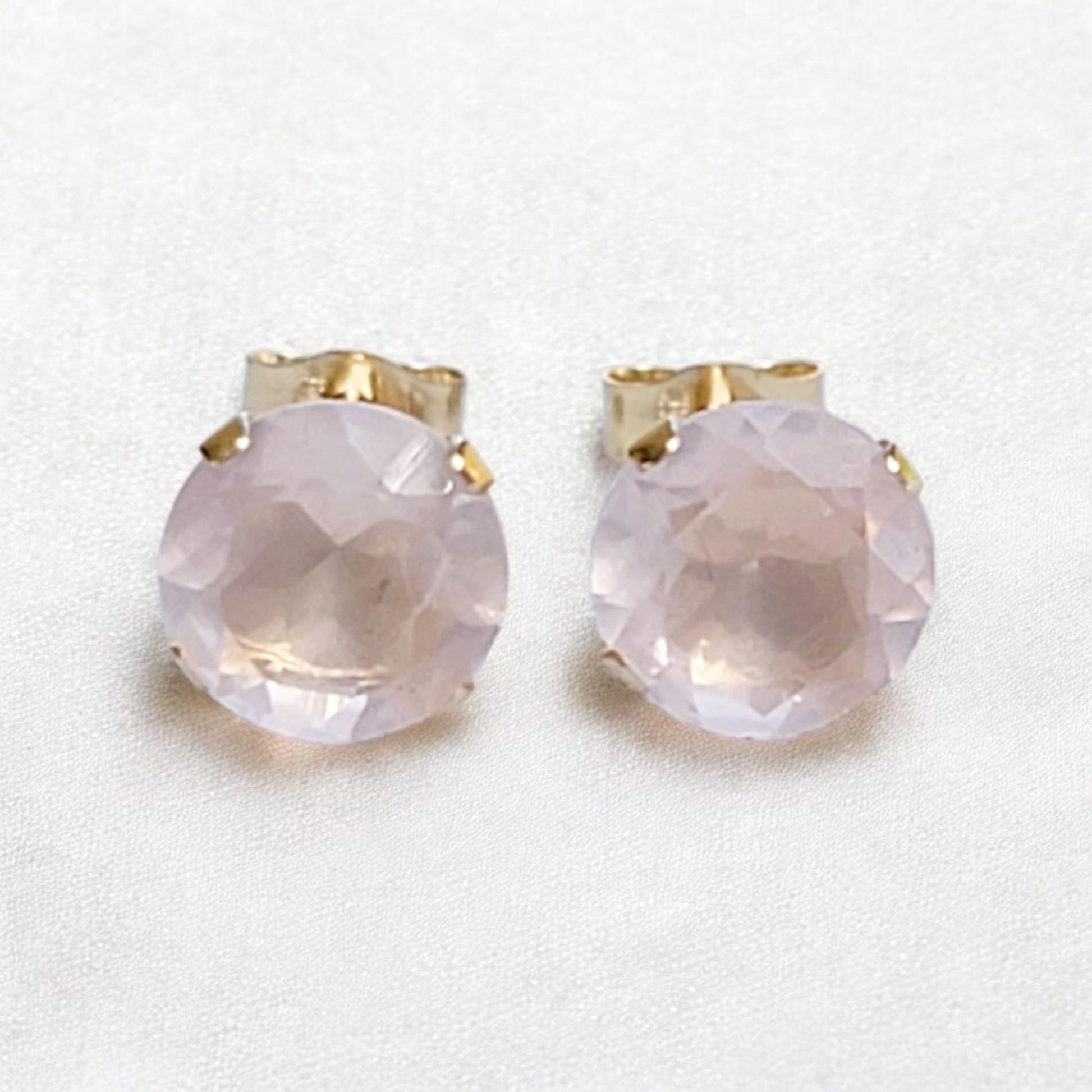 Rose quartz stud earrings available in 14k solid gold, gold filled, or sterling silver — choose rose, yellow, or white gold for an elegant natural gemstone look.