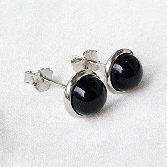 925 Sterling Silver Onyx Stud Earrings - Bezeled Black Onyx Stud Earrings - Black Onyx Jewelry - Medium 6mm