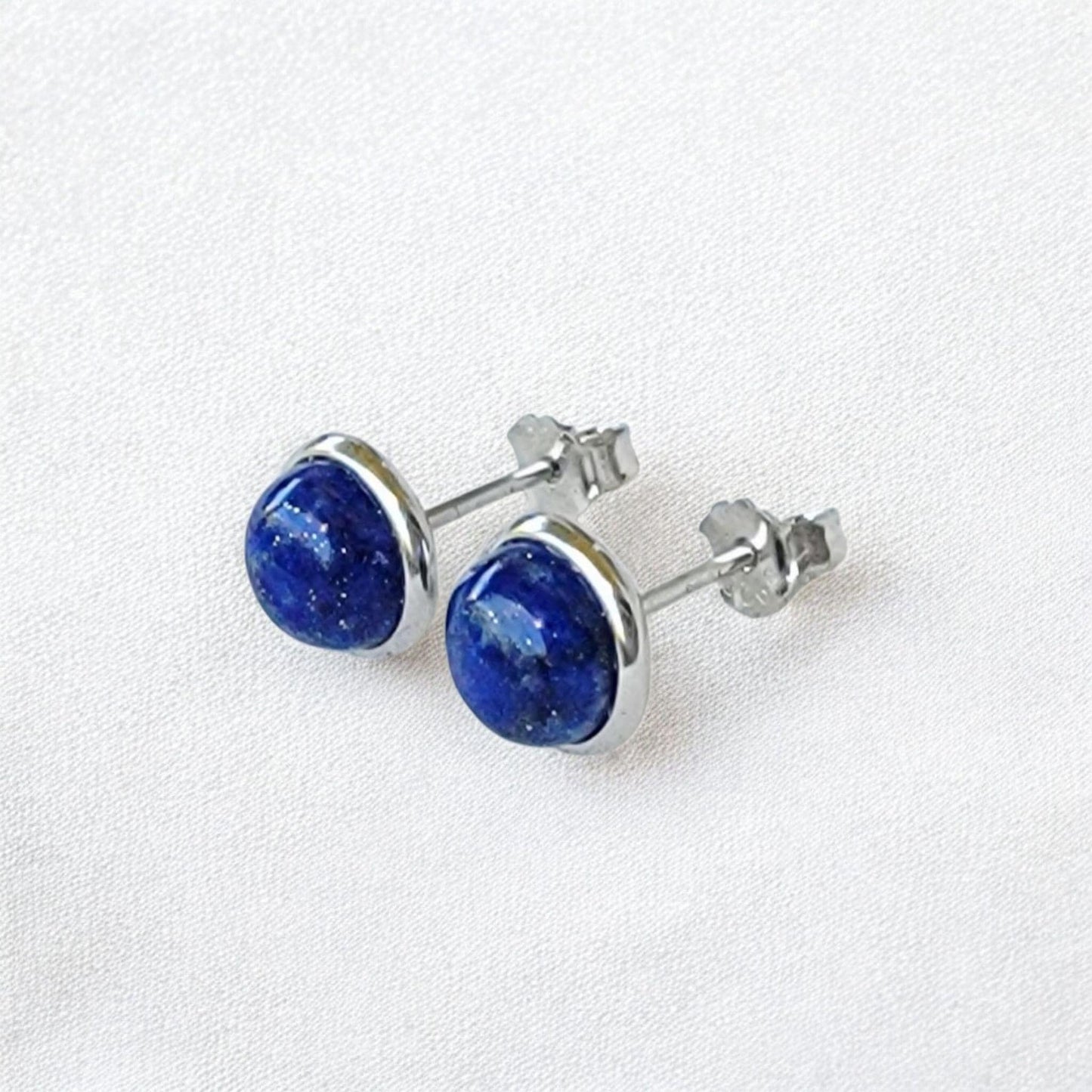 925 Sterling Silver lapis Lazuli Stud Earrings - Bezeled Lapis Lazuli Earrings - Lapis Lazuli Jewelry - Medium 6mm