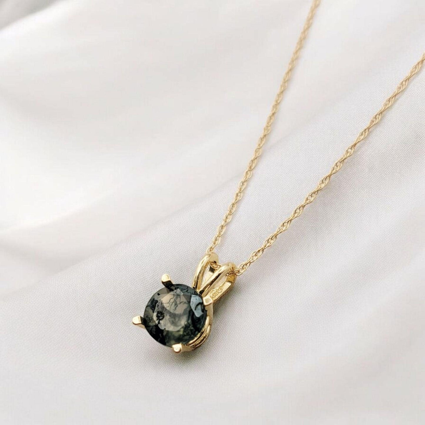 Moss Agate Pendant Necklace – 14K Gold or Sterling Silver