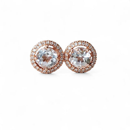Topaz Stud Earrings: Rose Gold Halo - Sterling Silver Setting