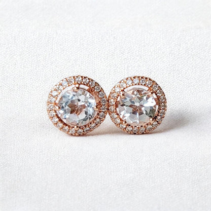Topaz Stud Earrings: Rose Gold Halo - Sterling Silver Setting