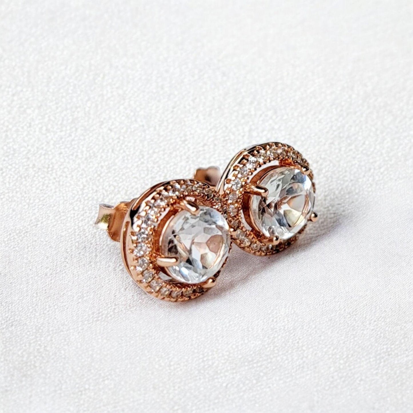 Topaz Stud Earrings: Rose Gold Halo - Sterling Silver Setting