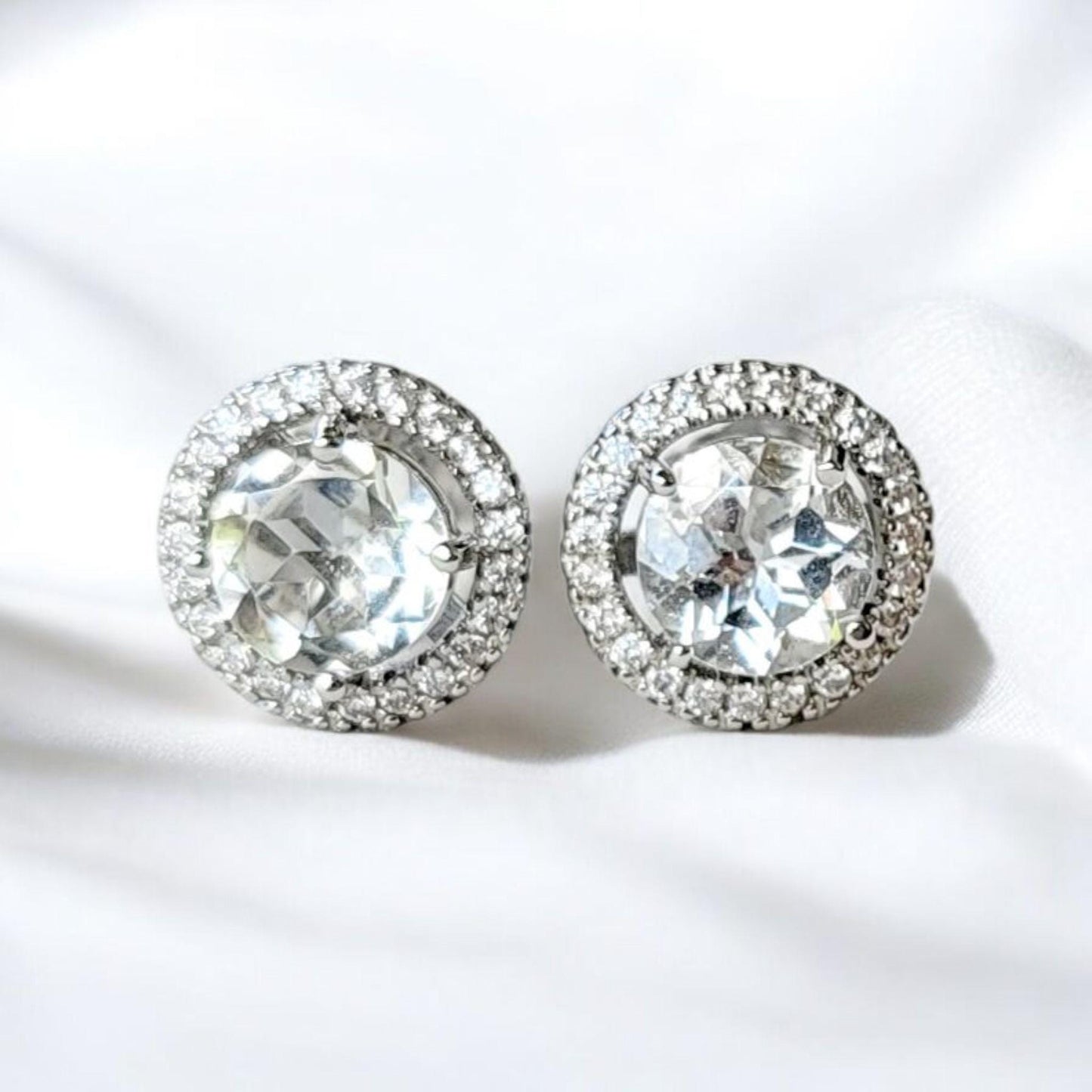 Topaz Stud Earrings: Rose Gold Halo - Sterling Silver Setting
