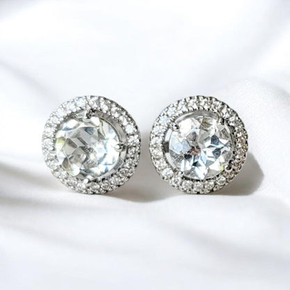 Topaz Stud Earrings: Rose Gold Halo - Sterling Silver Setting