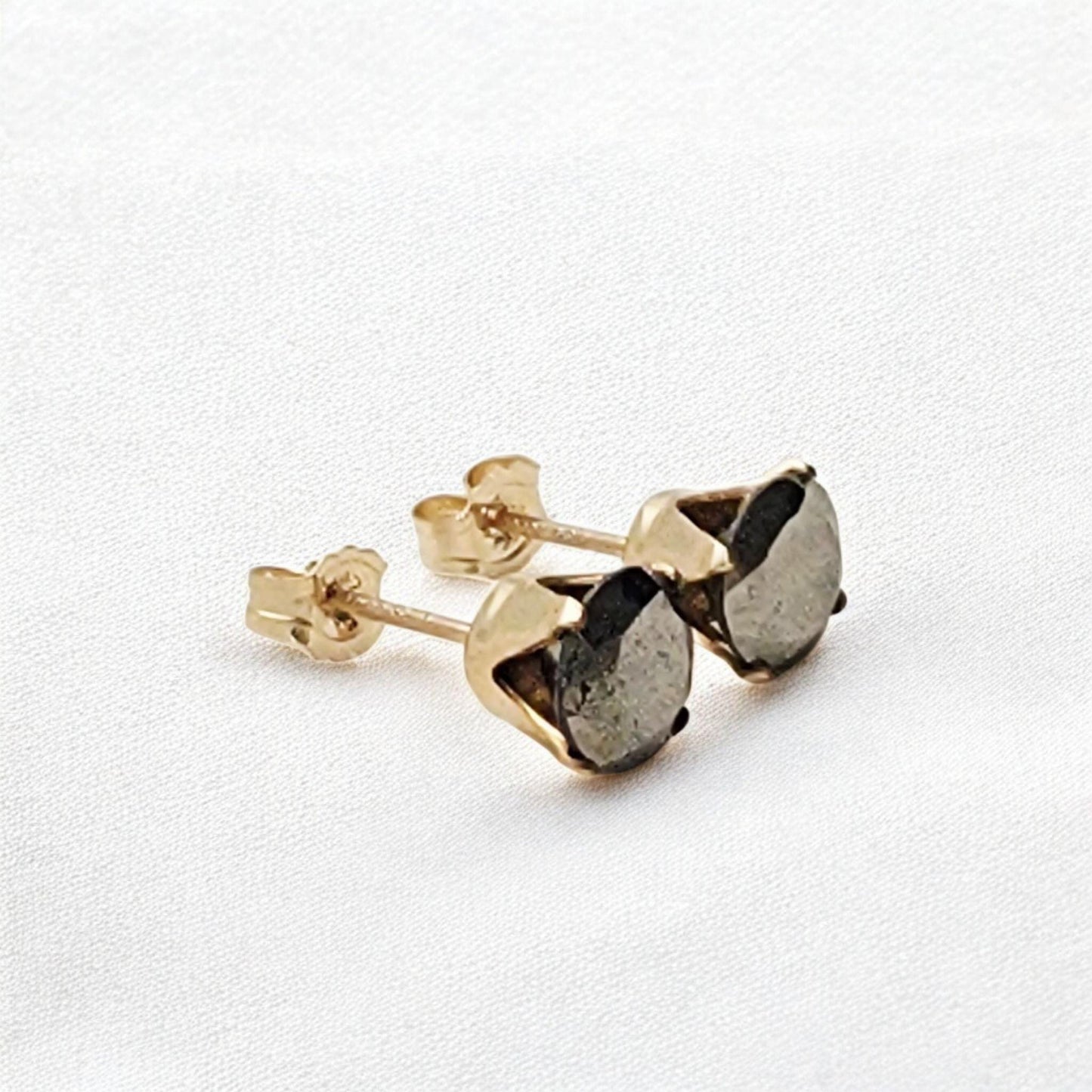 Pyrite stud earrings available in 14k solid gold, gold filled, or sterling silver — choose rose, yellow, or white gold for a minimalist natural gemstone look