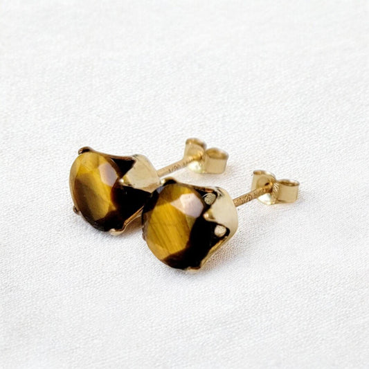 Tiger eye stud earrings in 14k solid gold, gold filled, or sterling silver — available in white, yellow, or rose gold and sizes 3mm, 4mm, 5mm, 6mm — natural golden-brown tiger eye gemstone studs, minimalist jewelry gift.