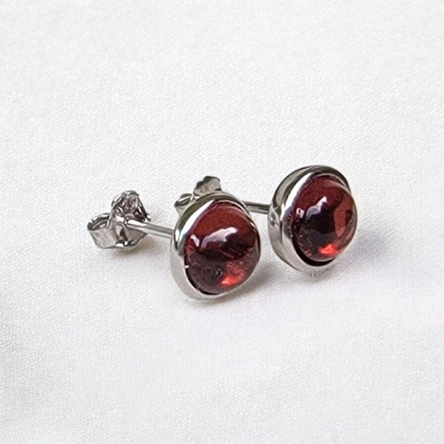 925 Sterling Silver Garnet Stud Earrings - Bezeled Garnet Jewelry - Medium Large Garnet Stone 6mm 8mm