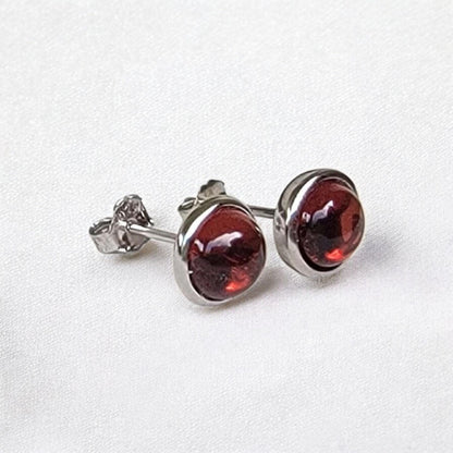925 Sterling Silver Garnet Stud Earrings - Bezeled Garnet Jewelry - Medium Large Garnet Stone 6mm 8mm