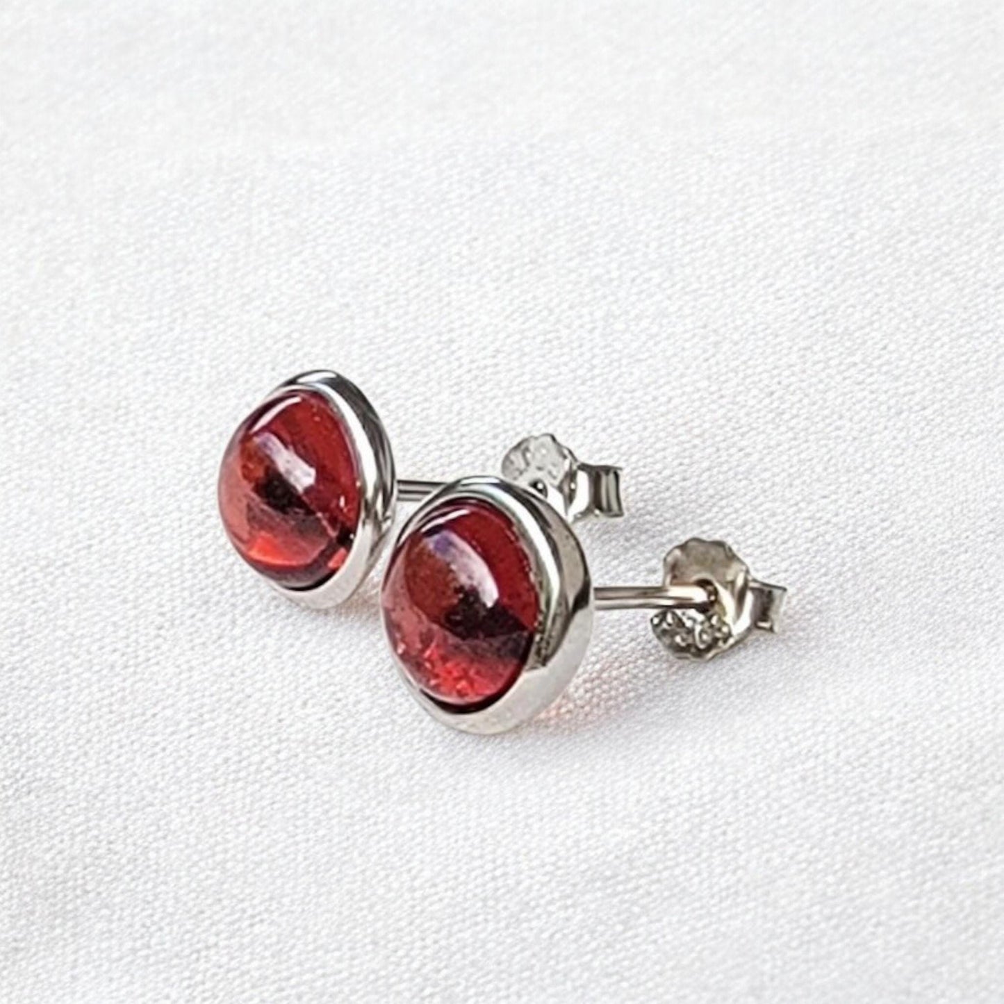 925 Sterling Silver Garnet Stud Earrings - Bezeled Garnet Jewelry - Medium Large Garnet Stone 6mm 8mm