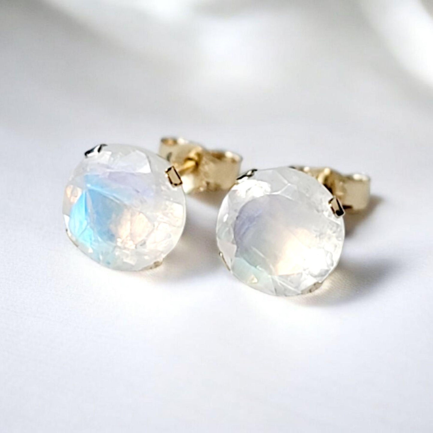 Rainbow moonstone stud earrings in 14k solid gold, gold filled, or sterling silver — available in white, yellow, or rose gold and sizes 3mm, 4mm, 5mm, 6mm — natural rainbow moonstone gemstone studs with blue flash, minimalist birthstone jewelry gift.