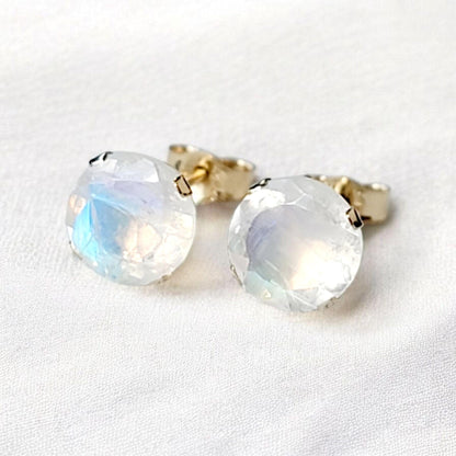 Rainbow moonstone stud earrings in 14k solid gold, gold filled, or sterling silver — available in white, yellow, or rose gold and sizes 3mm, 4mm, 5mm, 6mm — natural rainbow moonstone gemstone studs with blue flash, minimalist birthstone jewelry gift.