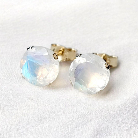 Rainbow moonstone stud earrings in 14k solid gold, gold filled, or sterling silver — available in white, yellow, or rose gold and sizes 3mm, 4mm, 5mm, 6mm — natural rainbow moonstone gemstone studs with blue flash, minimalist birthstone jewelry gift.