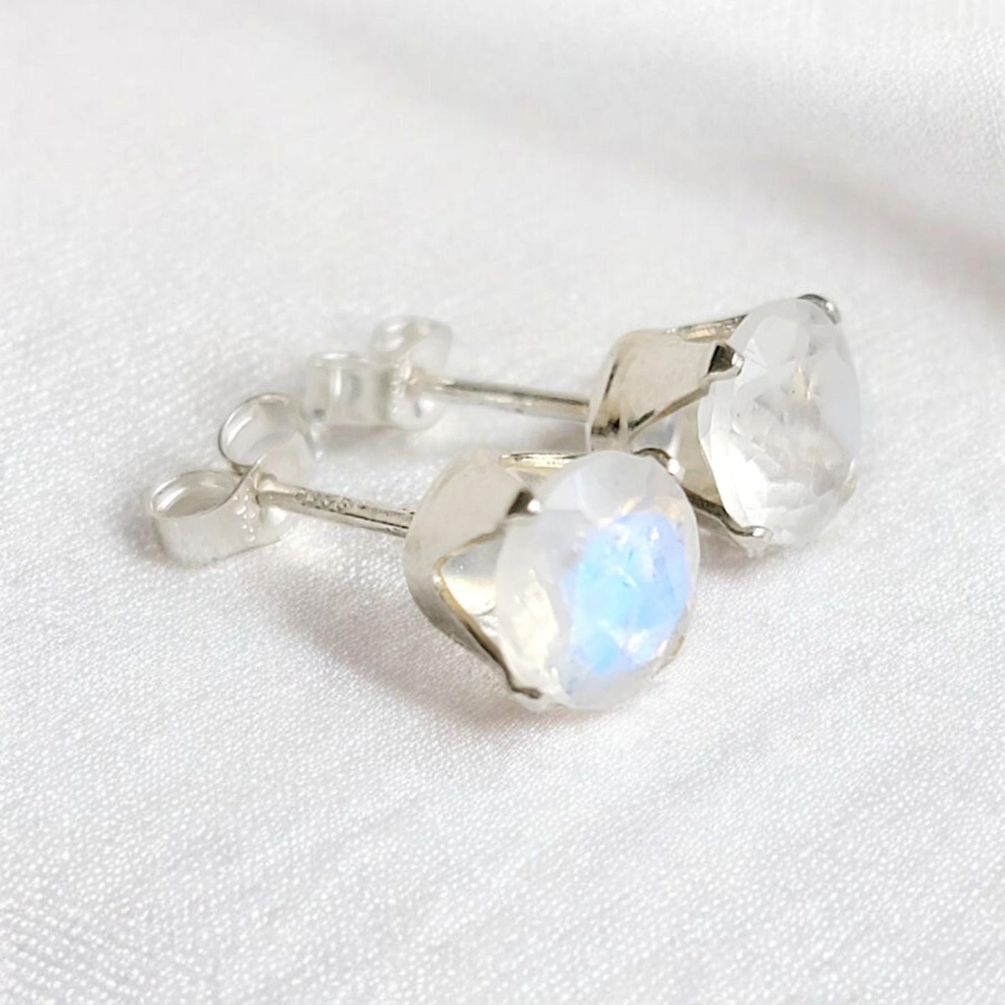 Rainbow moonstone stud earrings in 14k solid gold, gold filled, or sterling silver — available in white, yellow, or rose gold and sizes 3mm, 4mm, 5mm, 6mm — natural rainbow moonstone gemstone studs with blue flash, minimalist birthstone jewelry gift.