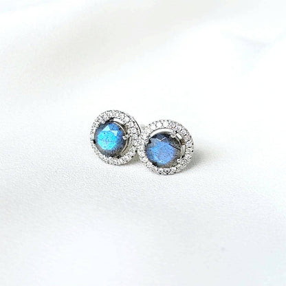Labradorite Halo Earrings | Silver or Rose Gold Plating
