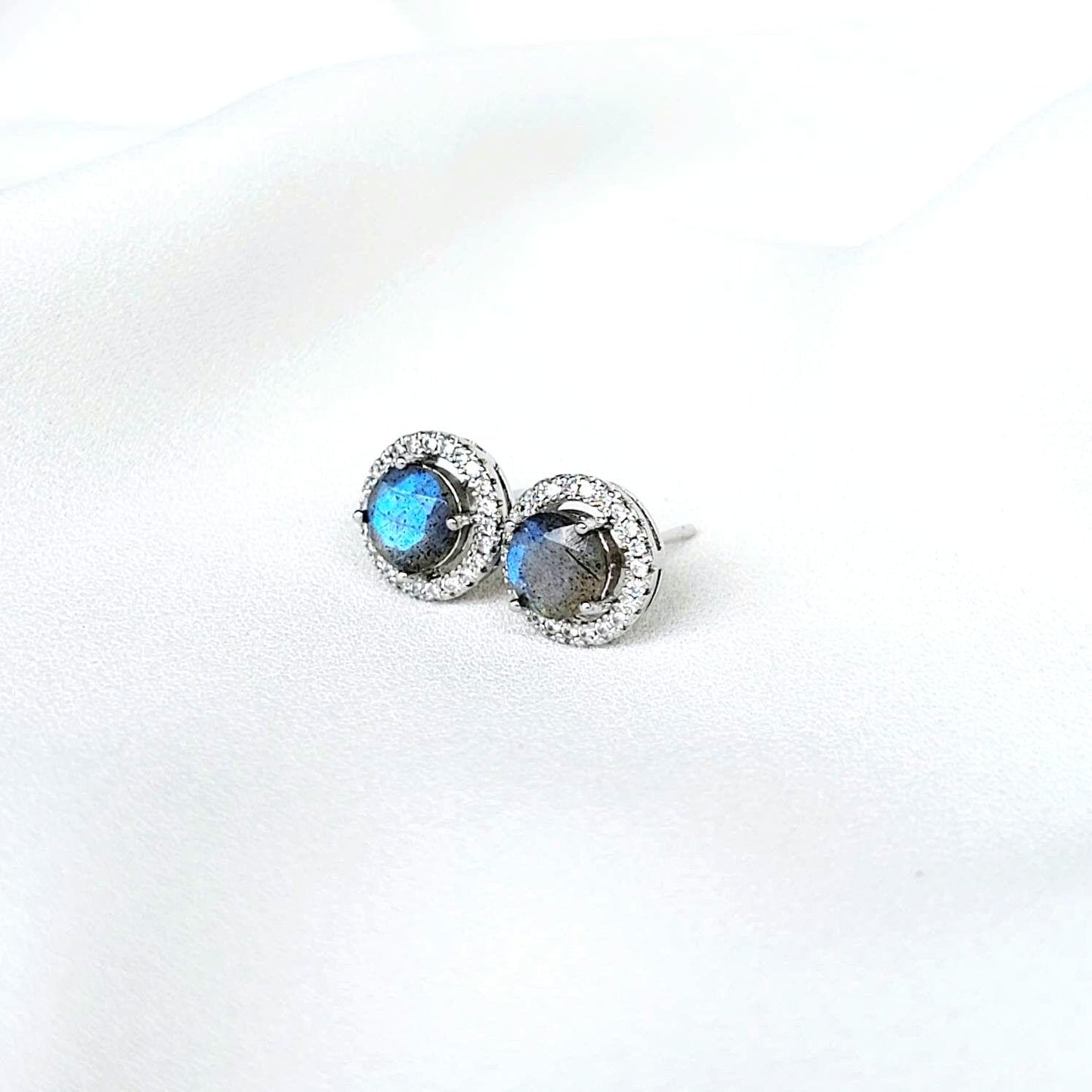Labradorite Halo Earrings | Silver or Rose Gold Plating