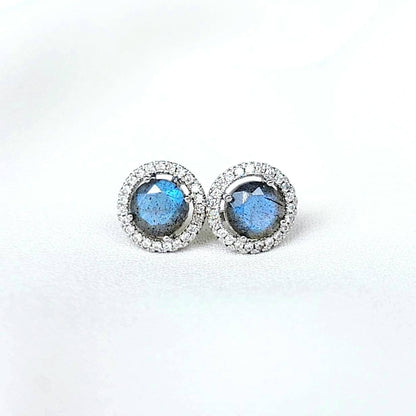 Labradorite Halo Earrings | Silver or Rose Gold Plating