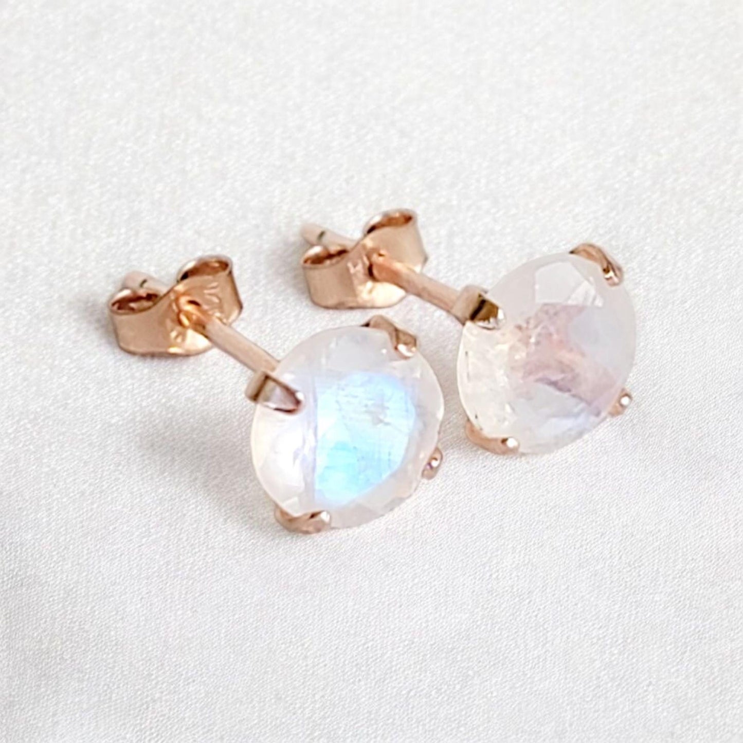 14k Rose Gold Sterling Silver Rainbow Moonstone Gemstone Stud Earrings - Solid Silver Earrings - Silver Genuine Moonstone Stud Earrings