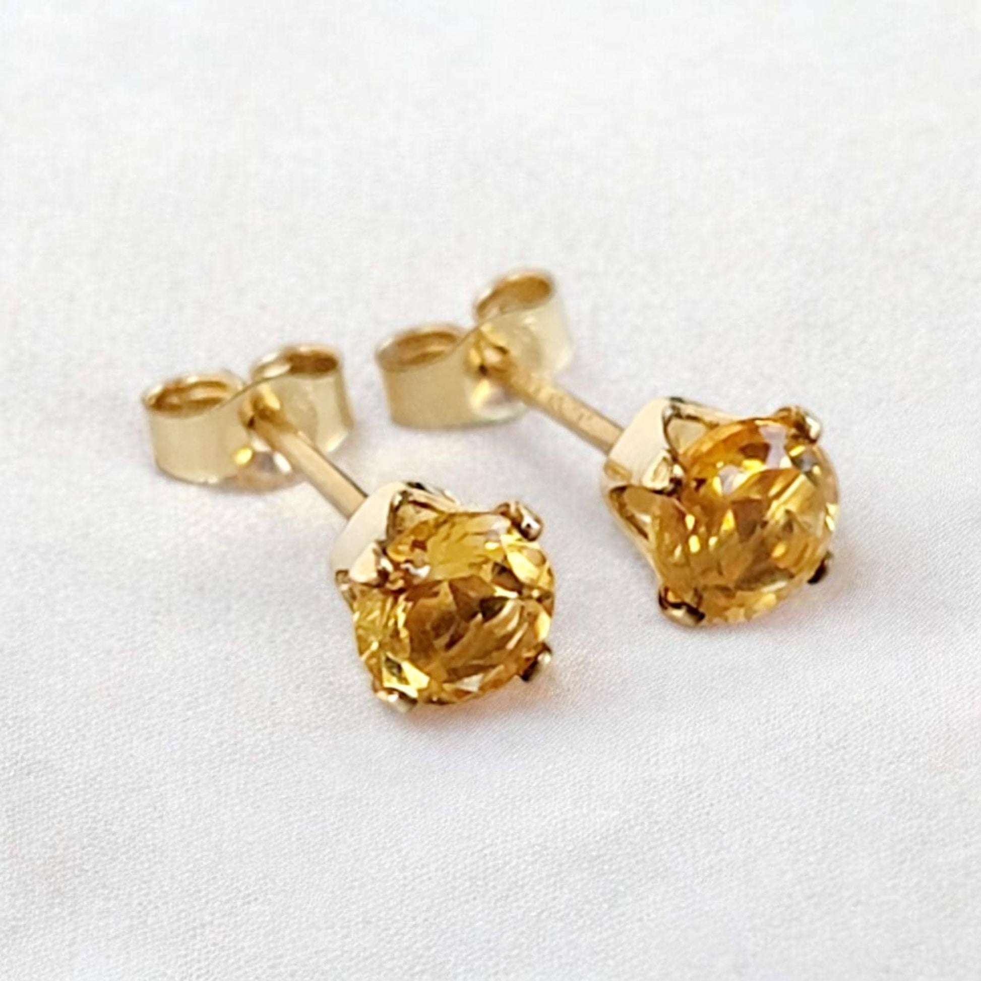 Citrine stud earrings in 14k solid gold, gold filled, or sterling silver — available in white, yellow, or rose gold and sizes 3mm, 4mm, 5mm, 6mm — natural golden citrine gemstone studs, November birthstone jewelry gift.