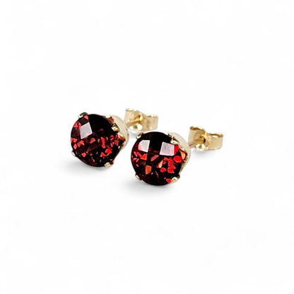 Checkered cut garnet stud earrings in 14k solid gold, gold filled, or sterling silver — available in white, yellow, or rose gold and sizes 3mm, 4mm, 5mm, 6mm — deep red garnet gemstone studs with faceted checkered cut, January birthstone jewelry gift.