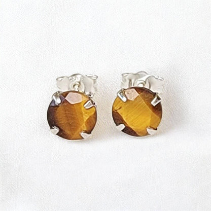 Tiger’s Eye Stud Earrings – Sterling Silver or Gold Plated (3–6mm)