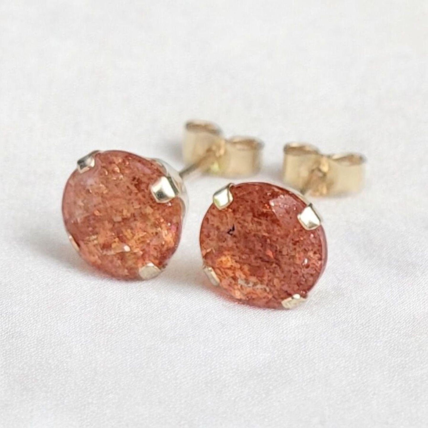 Sunstone stud earrings 14k solid gold, gold filled, or sterling silver — available in rose, yellow, or white gold settings