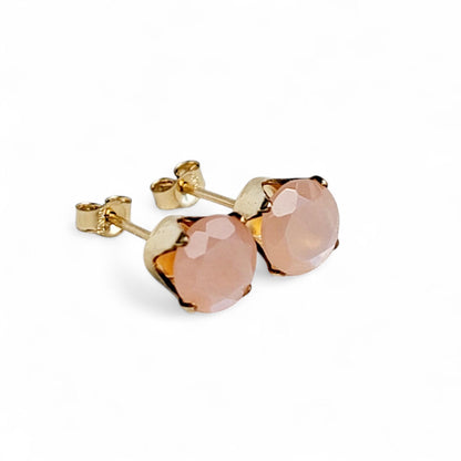 Peach moonstone stud earrings 14k solid gold, gold filled, or sterling silver — available in rose, yellow, or white gold settings