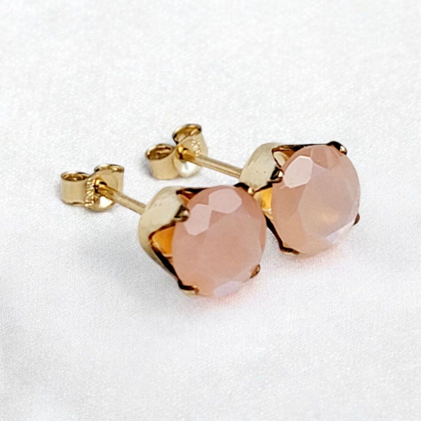 Peach moonstone stud earrings 14k solid gold, gold filled, or sterling silver — available in rose, yellow, or white gold settings