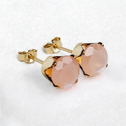 Peach moonstone stud earrings 14k solid gold, gold filled, or sterling silver — available in rose, yellow, or white gold settings