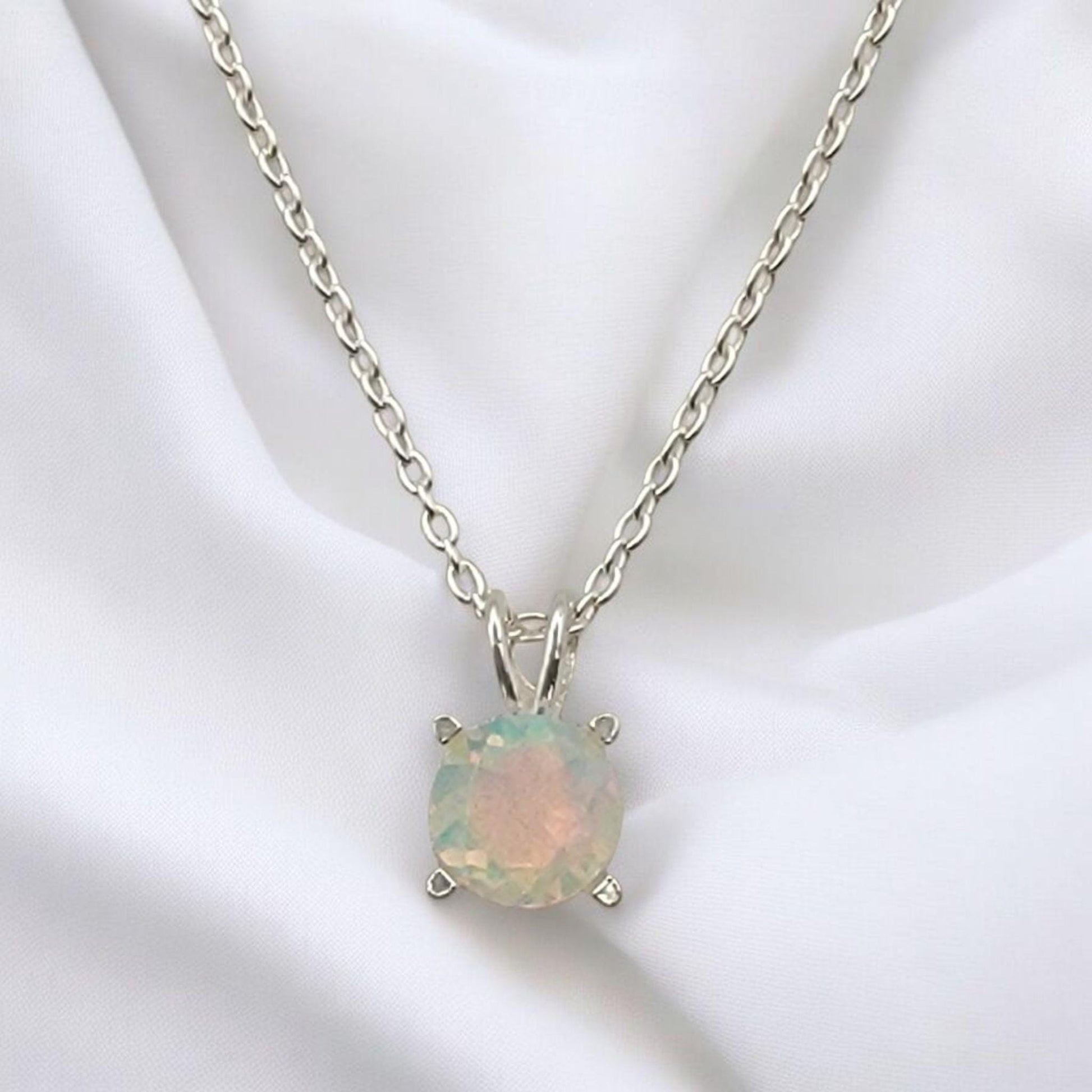 Ethiopian opal pendant in 14k solid gold (rose, yellow, white) or sterling silver, available in 6mm, 5mm, 4mm, and 3mm sizes with 16 or 18 inch chain or pendant only.