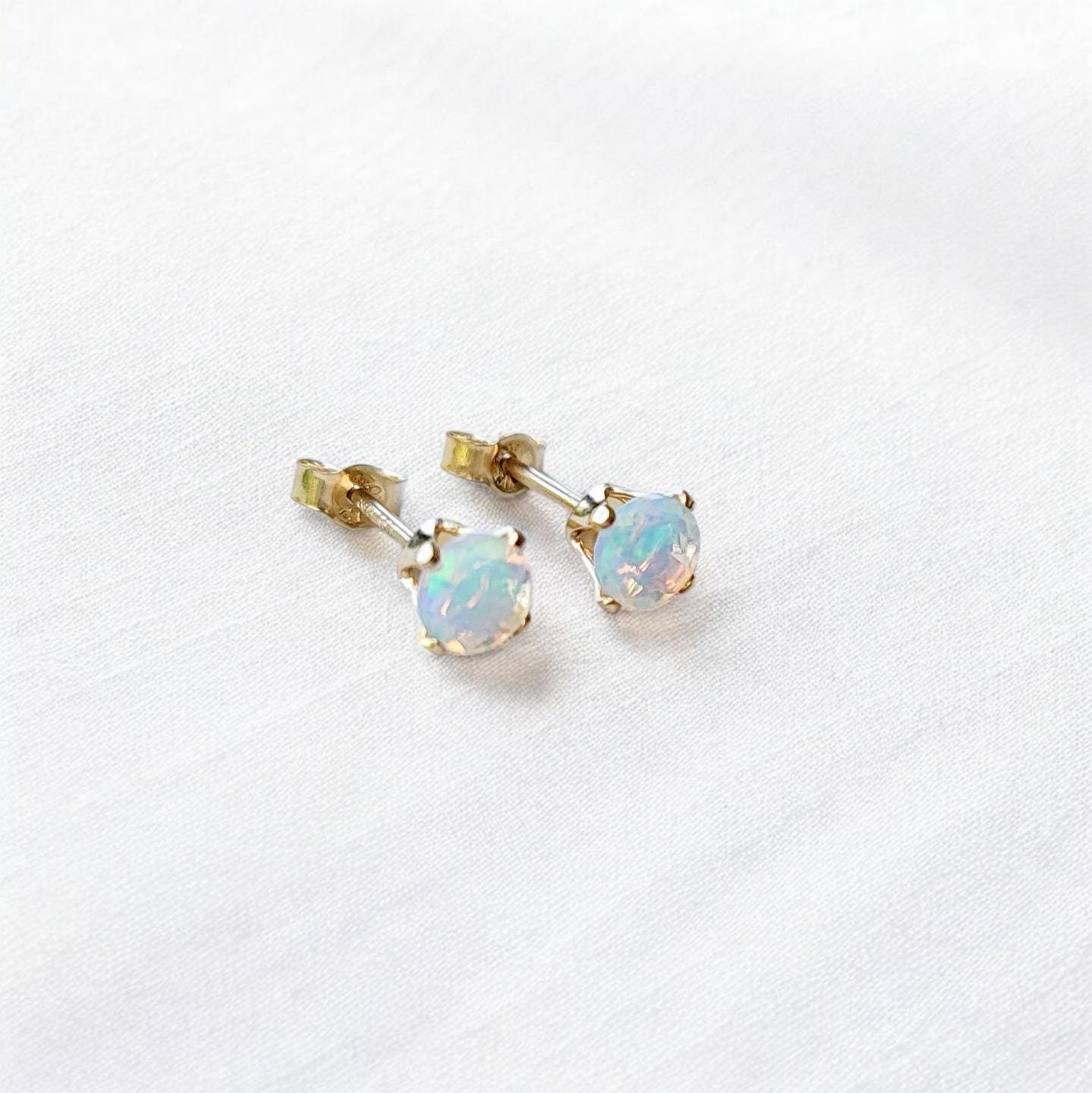 Ethiopian opal stud earrings 14k solid gold, gold filled, or sterling silver — available in rose, yellow, or white gold settings