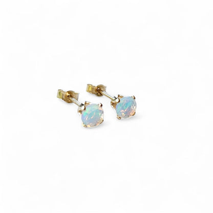 Ethiopian opal stud earrings 14k solid gold, gold filled, or sterling silver — available in rose, yellow, or white gold settings
