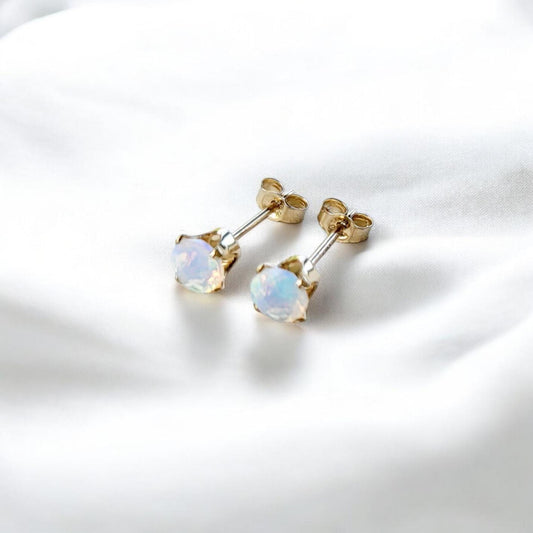 Ethiopian opal stud earrings 14k solid gold, gold filled, or sterling silver — available in rose, yellow, or white gold settings