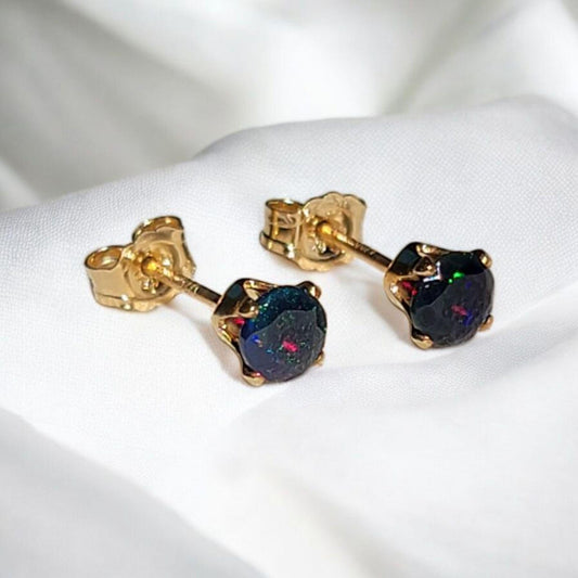 Black opal stud earrings in 14k solid gold, gold filled, or sterling silver — available in white, yellow, or rose gold and sizes 3mm, 4mm, 5mm, 6mm — natural black opal gemstone studs with colorful iridescence, October birthstone jewelry gift.