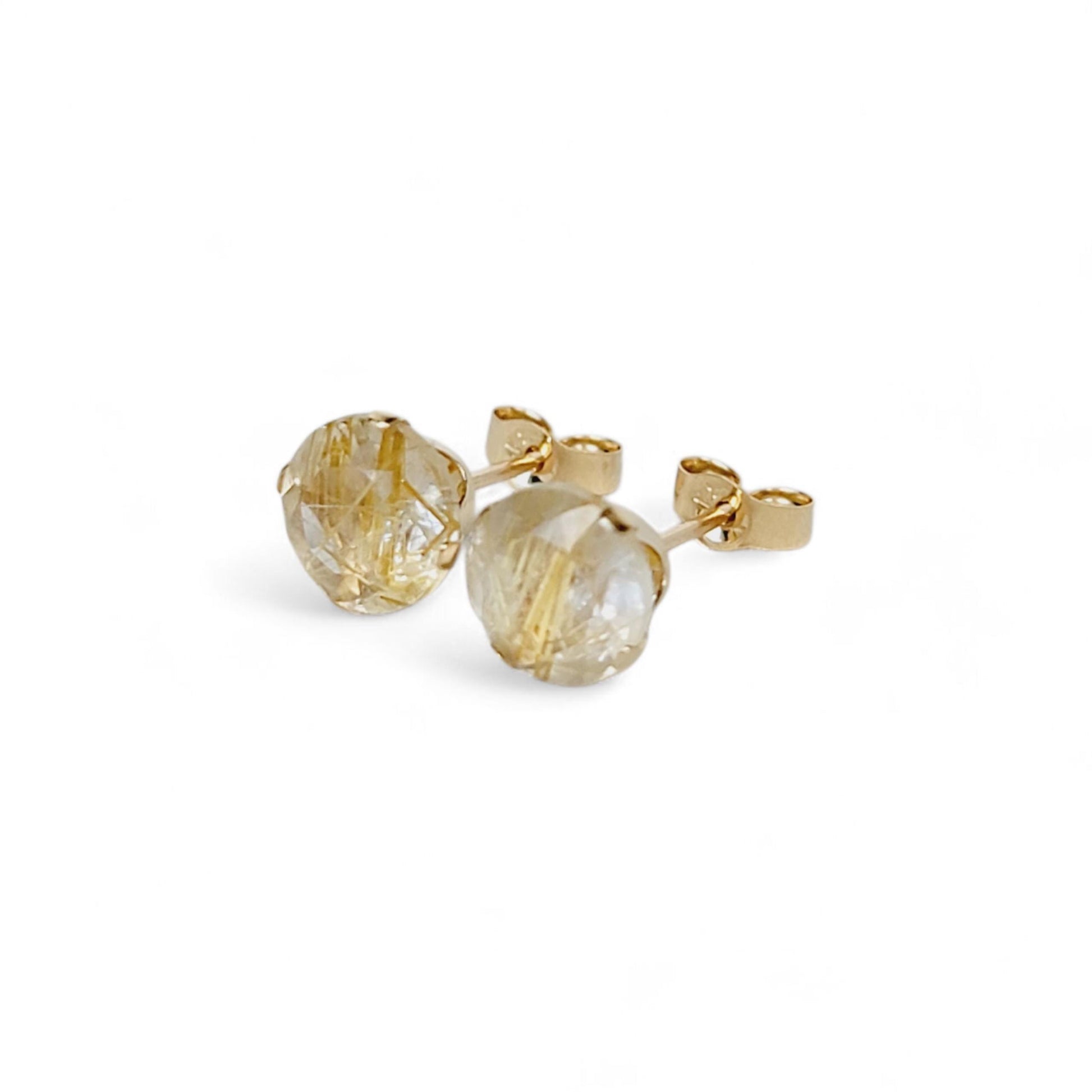 Gold rutile quartz stud earrings in 14k solid gold, gold filled, or sterling silver — available in white, yellow, or rose gold and sizes 3mm, 4mm, 5mm, 6mm — natural rutilated quartz gemstone studs with golden inclusions, minimalist jewelry gift.