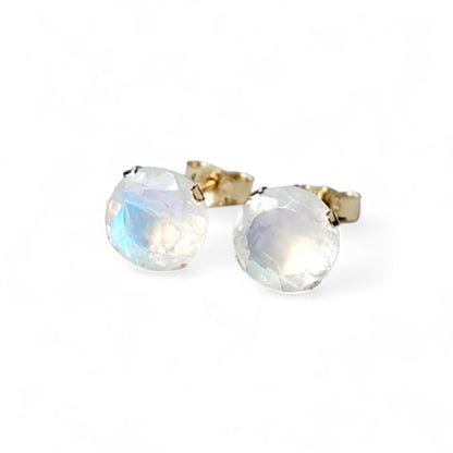Rainbow Moonstone Stud Earrings – 14K Gold, Gold Filled or Sterling Silver