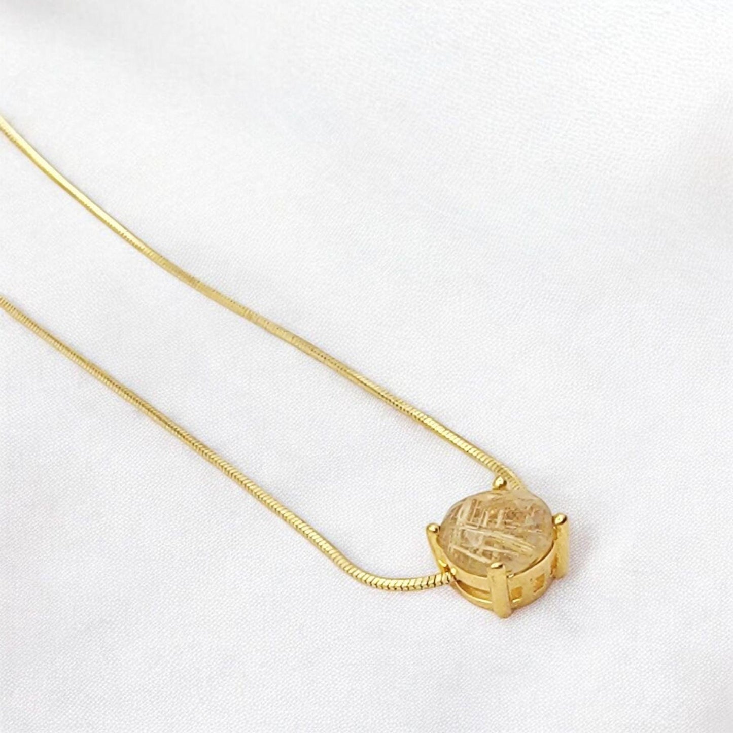 925 Sterling Silver Gold Rutilated Quartz Pendant Necklace - Gold Rutile Gemstone Charm Necklace - Snake Chain Necklace - Minimalist Jewelry