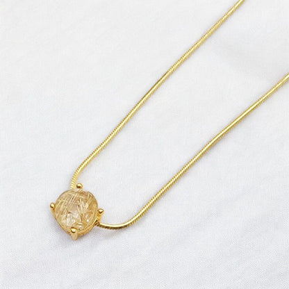925 Sterling Silver Gold Rutilated Quartz Pendant Necklace - Gold Rutile Gemstone Charm Necklace - Snake Chain Necklace - Minimalist Jewelry