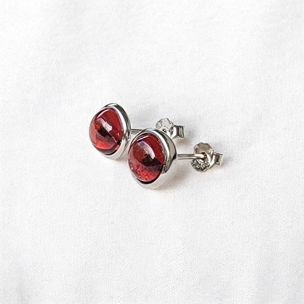 925 Sterling Silver Garnet Stud Earrings - Bezeled Garnet Jewelry - Medium Large Garnet Stone 6mm 8mm