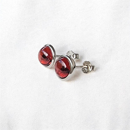 925 Sterling Silver Garnet Stud Earrings - Bezeled Garnet Jewelry - Medium Large Garnet Stone 6mm 8mm