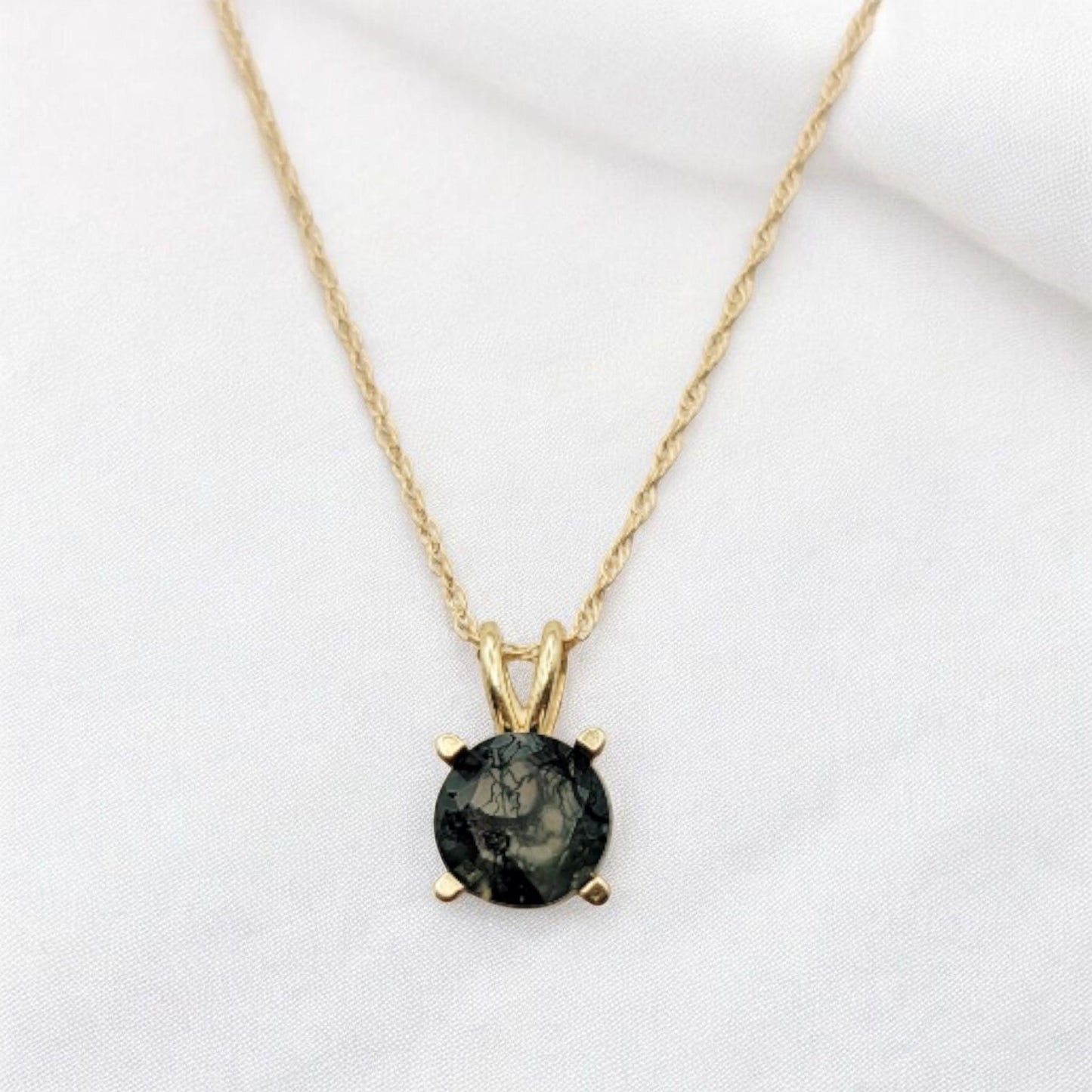 Moss Agate Pendant Necklace – 14K Gold or Sterling Silver