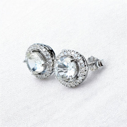 Topaz Stud Earrings: Rose Gold Halo - Sterling Silver Setting