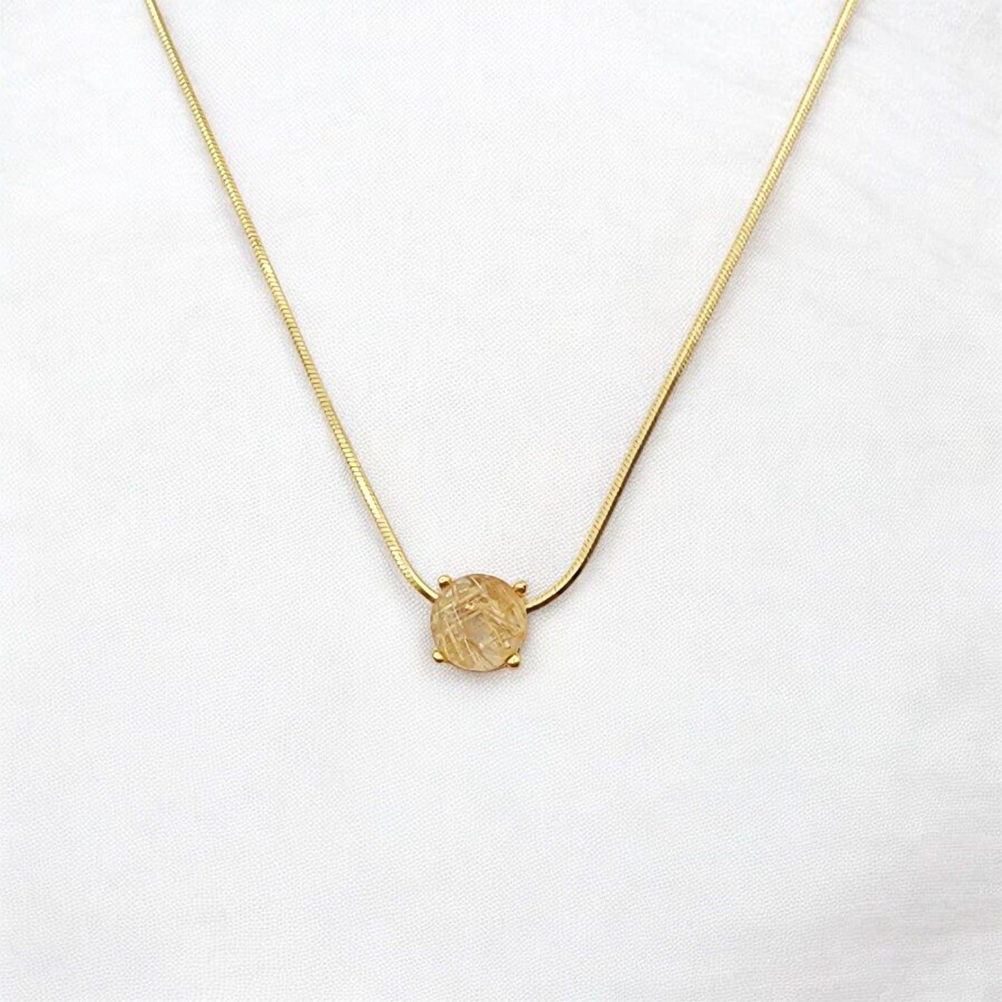 925 Sterling Silver Gold Rutilated Quartz Pendant Necklace - Gold Rutile Gemstone Charm Necklace - Snake Chain Necklace - Minimalist Jewelry