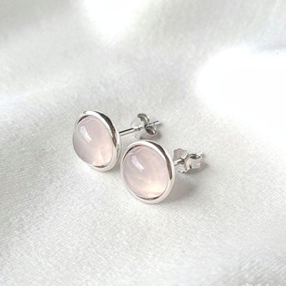Rose Quartz Bezel Stud Earrings | .925 Sterling Silver | Minimalist Stud Earrings Jewels of Aurora